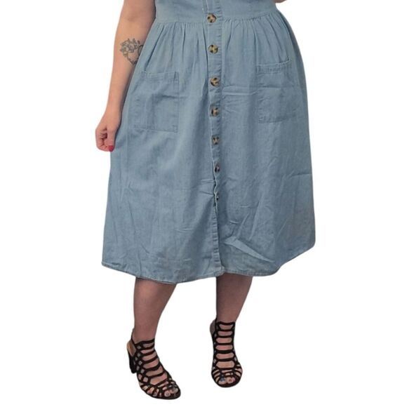 VTG 90s Blue Denim Button Front XL Midi Sundress Jumper with Pockets - Picture 9 of 14